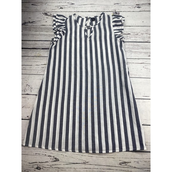 SHEIN Dresses & Skirts - Shein Navy Blue White Striped Shift Dress Sleeveless Ruffle Shoulder Women's M